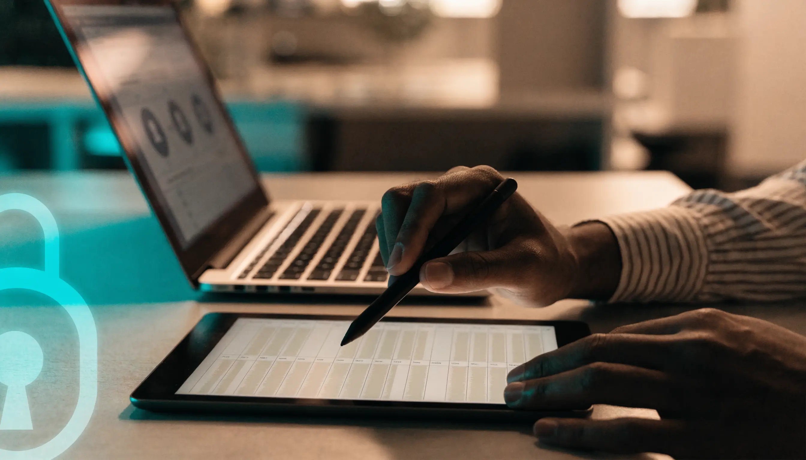 Reviewing a security compliance checklist on a tablet beside access-control settings