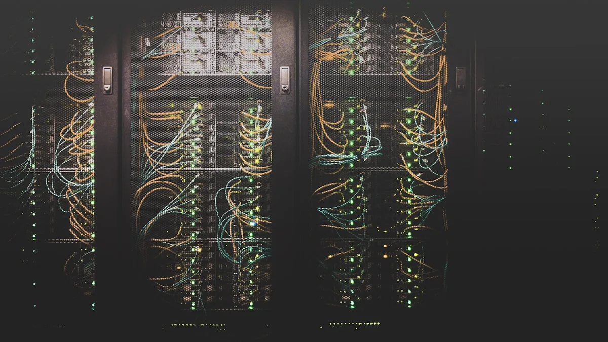 Server racks with network cabling in a data center, representing the infrastructure that network security tools protect